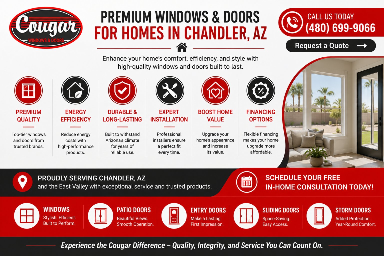 Cougar Windows & Doors infographic showcasing replacement windows and doors in Chandler, AZ, with energy efficiency, durability, expert installation.
