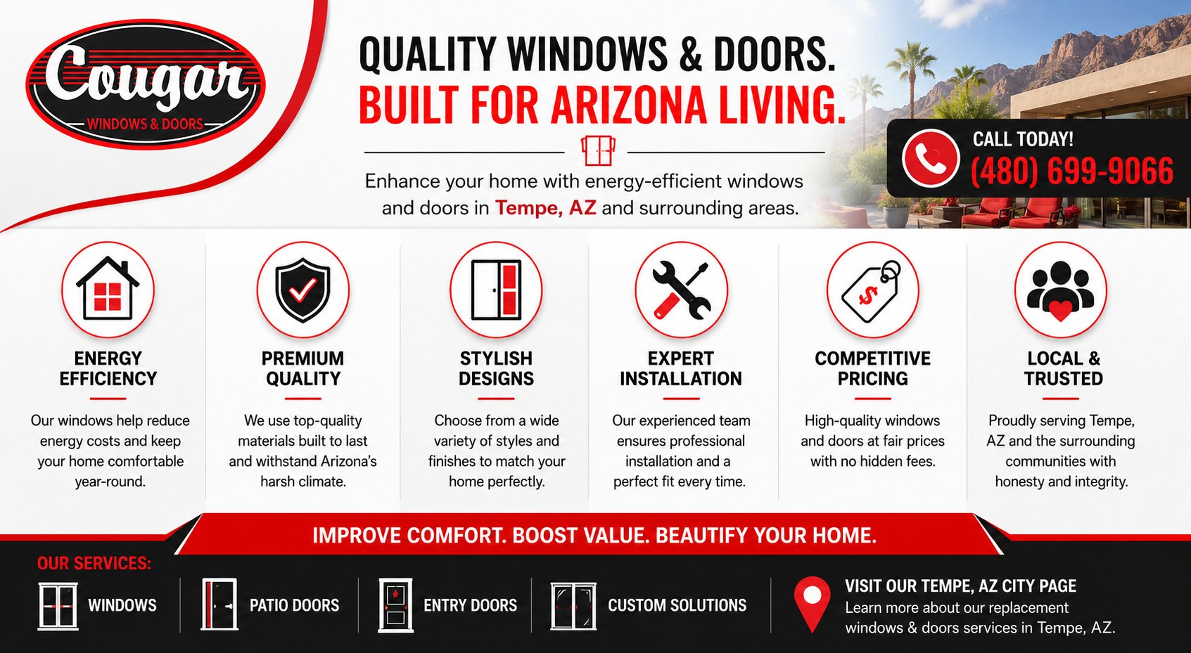 Cougar Windows & Doors infographic showcasing premium replacement windows and doors in Tempe, AZ, featuring energy efficiency, custom options, and expert installation.