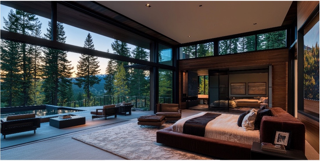 Luxury bedroom with large floor-to-ceiling replacement windows and sliding glass doors overlooking a scenic outdoor view in Tempe, AZ.