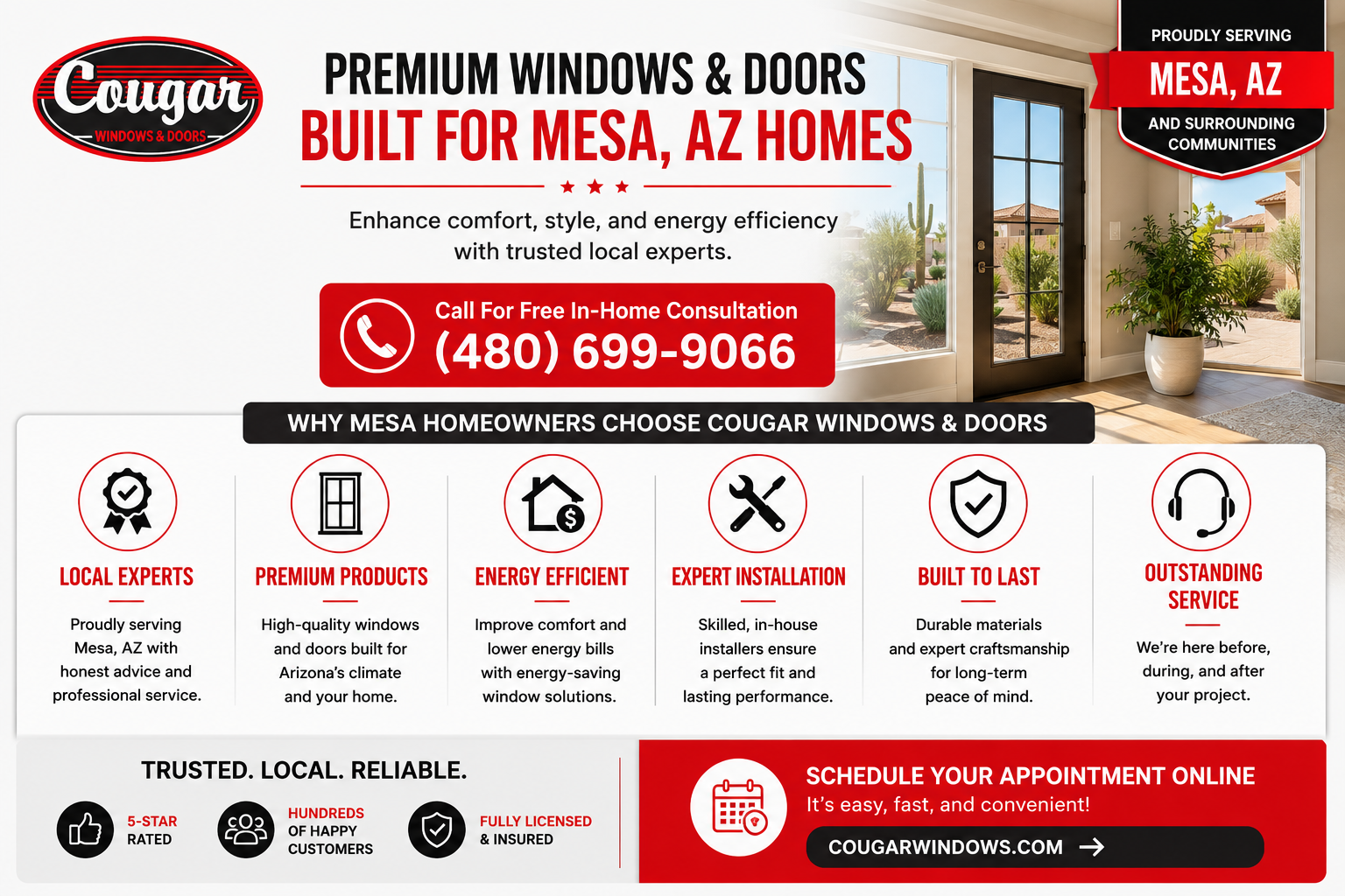 Cougar Windows & Doors infographic showcasing replacement windows and doors in Mesa, AZ, highlighting energy efficiency, durability, and expert installation.