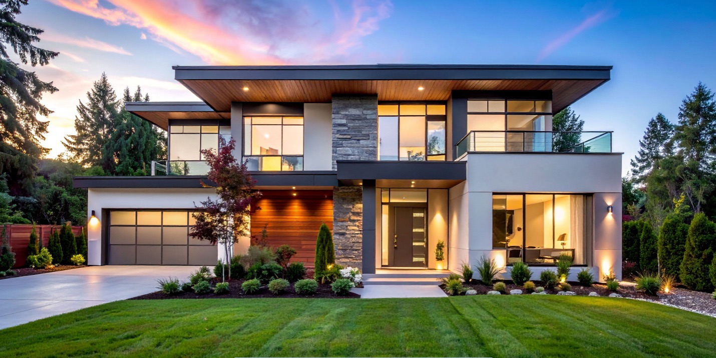 Modern home exterior showcasing energy-efficient replacement windows and doors in Mesa AZ with contemporary design and large glass panels.